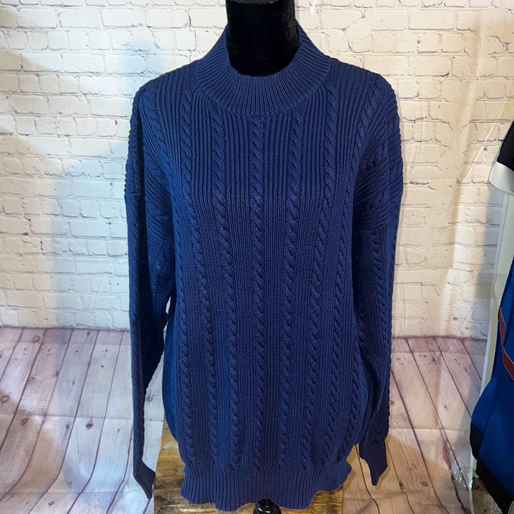 Vitruvian Design 100% cotton mock turtleneck blue cable knit sweater. New